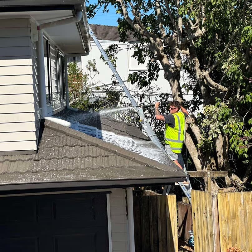 Professional roof cleaning in progress